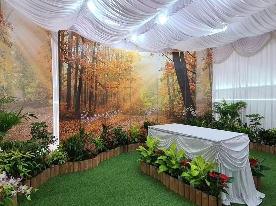 Freethinker funeral wake setup by Lee Teoh Heng Undertaker with nature-themed backdrop