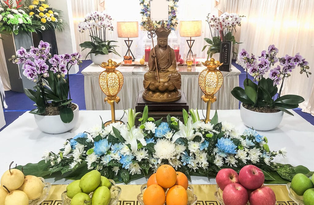 Elaborate Buddhist funeral wake at HDB void deck managed by Singapore Funeral.