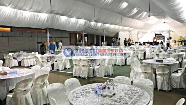 Soka funeral wake setup by Singapore Funeral & Casket Services with banquet-style seating